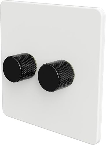 Flat Trailing Edge 2 Way LED Dimmer Switch Rotary Push On/Off for Dimmable LED and Halogen Lights - White/Black 2-Gang