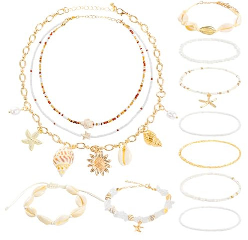 PHOGARY 12 Stück Muschelkette für Damen, Muschel Armband Armbänder Set, Boho Muschel Schmuck, Boho-Perlen-Fußkettchen, Fußbänder mit echten Kauri Muscheln, Meerjungfrau Schmuck