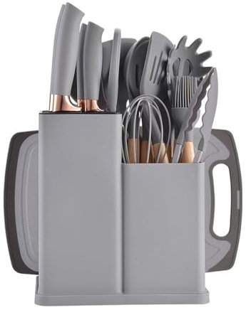 ASIAD Kitchen Knife Set 19 Pieces Kitchen Utensils Set Silicone Kitchen Gadgets Set of 12 Cooking Utensils, 5 Knives, Cutting Board and Holder, Dishwasher Safe,Grey