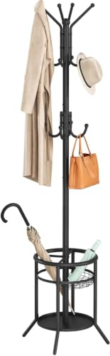 ELYKEN Porte Manteau et Porte Parapluie sur Pieds en Métal Noir | Porte Manteau Perroquet d'Angle pour les Petits Espaces, 12 Crochets pour Vêtements Sacs Chapeaux, Rond