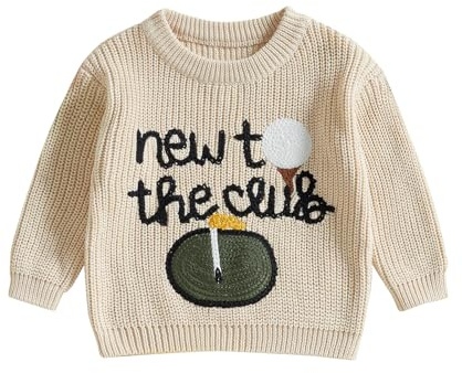Carolily Baby Boys Knitted Jumper Golf Letter Embroidery Toddler Sweater Newborn Baby Sweater Long Sleeve Crew Neck Knitwear Pullover Infant Warm Clothes