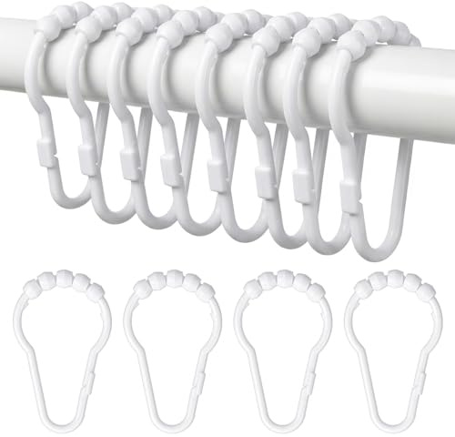 Elegaperma 12 Pcs Shower Curtain Rings, Shower Curtains Hooks Plastic, White Curtain Rings with 5 Ball Bearings, Smooth Gliding Plastic Showers Curtains Hooks for Bathroom and Tub