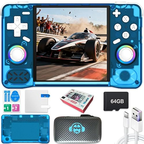 Nuova console di gioco portatile XF40H, 64 GB di memoria interna con 18.000 giochi, batteria da 4000 mAh, sistema Linux, schermo IPS da 4 pollici e custodia (blu, 64 G)