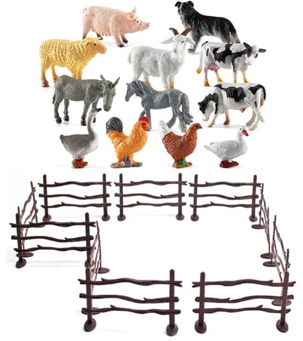 UJBVCX 22 Stück Mini Bauernhof Tierfiguren Spielzeug Set, Realistische Tiere Figuren mit Zäune, Miniatur Lernspielzeug, Kuchendekoration Geburtstag Weihnachtsfeier