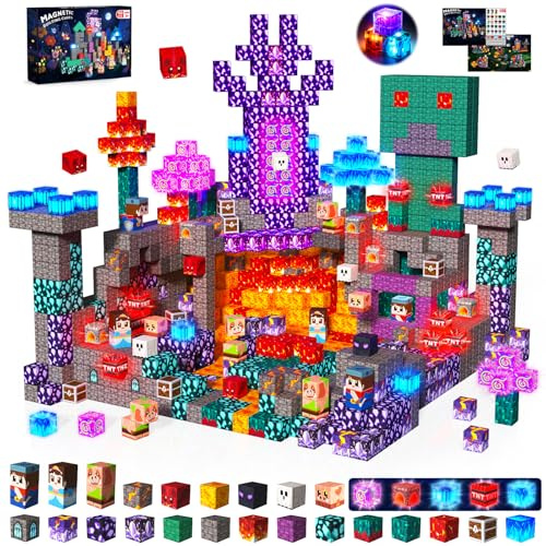 Magnetic Blocks, 150 PCS Magnetic Building Blocks Flashing Light Construction Cubes Toy, Dark Pigs Fire Stacking Tiles STEM Sensory Toys Birthday Gifts for Kids Boys Girls Ages 3 4 5 6 7 8 9 10