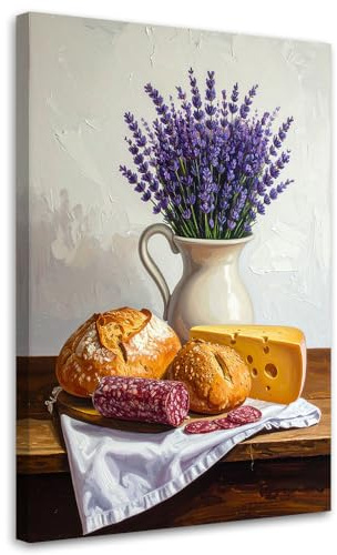 Feeby Leinwandbild - Bilder Wohnzimmer - Stillleben Lavendel und Brötchen - 40x60 1tlg - Deko Schlafzimmer - Wanddekoration - Aesthetic - Groß Moderne Bild - Foto auf Leinwand