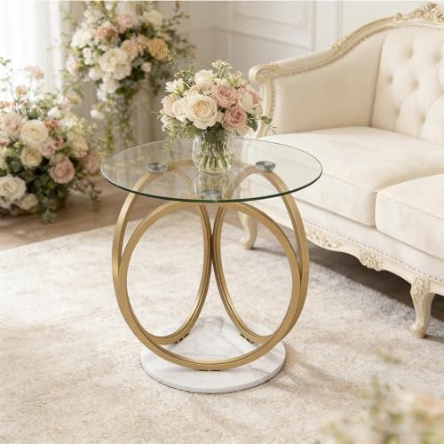 RELAX4LIFE Table Basse Ronde 60 CM en Verre Trempé, Cadre Doré | Table de Salon Ronde Transparente, Base Effet Marbre, Design en Anneau, pour Maison Appartement