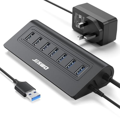 JESWO USB Hub Powered, 7-Port USB 3.0 Hub Aluminium with 20W Power Adapter | Multi USB 3.0 5Gbps and 3.4ft Cable, USB Splitter for PC, Laptop, iMac, Keyword, Flash Drive, etc.