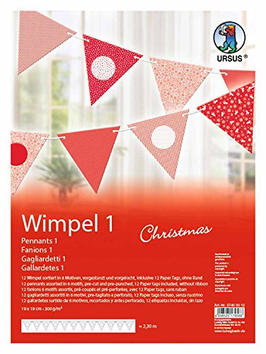 Ursus 57450012 - Wimpel 1, Christmas, ca. 19 x 19 cm, 300 g/qm, dreieckig, 12 Stück in verschiedenen Farben, aus Fotokarton, durchgefärbt, vorgestanzt und vorgelocht, Wimpelkettenlänge ca. 2,30 m