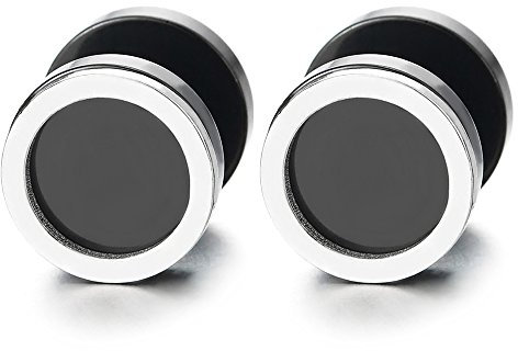 10MM Herren Damen Silber Schwarz Kreis Ohrstecker Ohrringe, Fake Plugs Ohr Cheater Tunnel Gauges Edelstahl