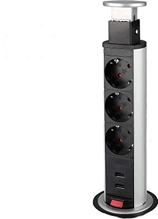 Versenkbare Steckdose 3x Schuko + USB A und C für Küche und Büro - Tischsteckdose aus hochwertigem Kunststoff mit 3 Steckdosenelementen und zwei USB Anschlüssen - ca. 170cm langes