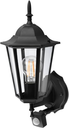 Lumiled Außenwandleuchte Vintage 230V Wandlampe mit Bewegungsmelder Außenlampe Wandleuchte Aluminium Schwarz Glas IP44 Wasserdicht E27 Fassung Outdoor Außen Garten Retro Gartenlampe