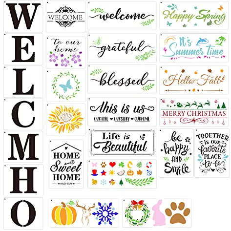 SoulQool 26/27Pcs Reusable Welcome Template Stencils for Painting on Wood/Porch Sign Front Door,Large Vertical Welcome Sign Stencil with Seasonal Stencils (Style A-26Pcs)