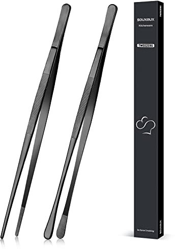 SouxMux 2 Pinces à Épiler de Cuisine de 30,5 cm avec Pointes Dentelées de Précision, Outils de Cuisine Professionnels en Acier Inoxydable Pour Barbecue, Placage et Service (noir), (001)