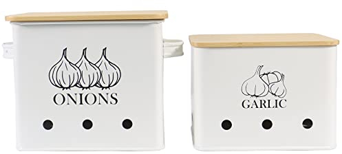 Xbopetda Lot de 2 boîtes de rangement pour oignons et ail avec trous d'aération et couvercle en bois