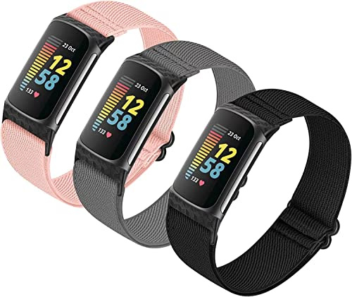 HUYIIO Verstellbares, elastisches Uhrenarmband, kompatibel mit Charge 5/Charge 6, weiches, atmungsaktives Nylon-Sportband, dehnbares Ersatzarmband für Damen und Herren, 3 Stück