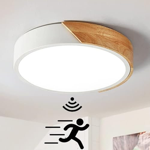 LED Holz Deckenleuchte mit Bewegungsmelder Innen Sensorlampe Modern Runden Deckenlampe mit Tageslichtsensor Decke Lampe für Flur Korridor Treppe Wohnzimmer Balkon Küche Veranda Büro (Weiß,30cm)