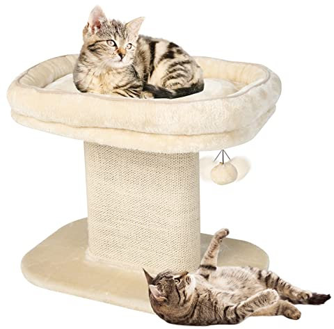 COSTWAY Cat Tree, 2-Tier Cats Tower with Soft Sleeping Perch, Sisal Scratching Panel Scratcher and Jingling Toy, Indoor Kitten Activity Center (Beige)