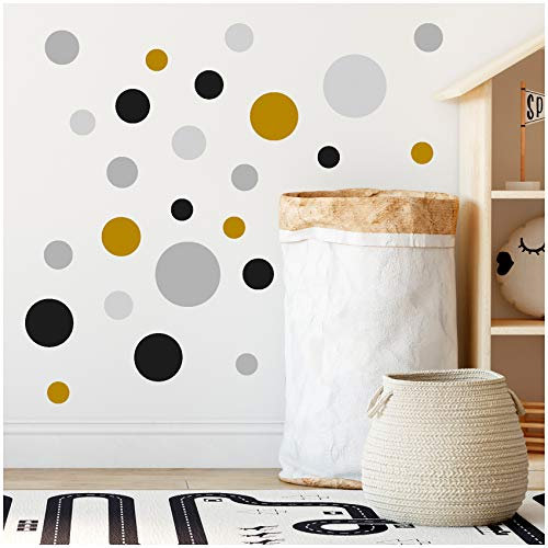 yabaduu Kreise Set 120 Stück Punkte Wandtattoo Kinderzimmer Schlafzimmer Babyzimmer Aufkleber Folie Deko Selbstklebend für Junge Mädchen Pastell Y068 (Y068-6 Schwarz Grau Senf)