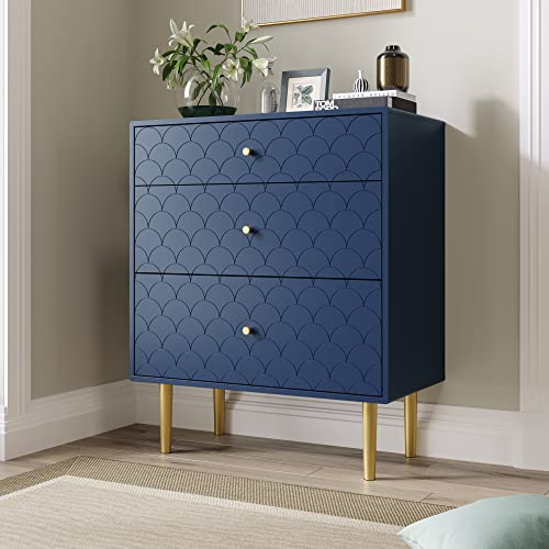 LERFAN Schubladenkommode Metall Marineblau Kommode mit 3 Schubladen aus FSC-zertifiziertem Holzwerkstoff, Sideboard Highboard Aufbewahrungsschrank für Schlafzimmer alle Wohnräume, H89/B75/T40 cm