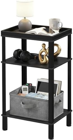 ZEXVIDA Beistelltisch Schwarz Metall,Nachttisch 61cm Hoch für Boxspringbett,Schmaler Telefontisch mit Tablett & 3 Offenen Ablagen,Moderner Nachtschrank für Schlafzimmer,Wohnzimmer & Flur,34x28x61cm