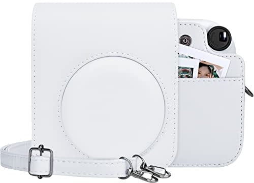 MUZIRI KINOKOO Tasche für Instax Mini 12/Fuji Mini 12 Sofortbildkamera, PU Leder Schutzhülle für Instax Mini 12 mit Fototasche - Verstellbarer Schultergurt - Weiß
