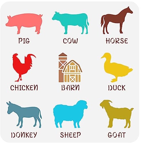 FINGERINSPIRE Bauernhoftiere Schablone 30x30 cm Schwein Schablone Kuh Schablone Pferd Vorlage Huhn Schablone Scheune Schablone Ente Vorlage Esel Schablone Schaf Tempalte Ziege Schablone Tierschablone
