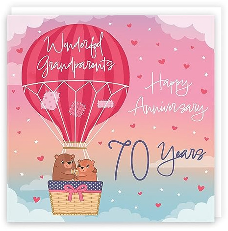 Hunts England - 70th Grandparents Hot Air Balloon Anniversary Card - Cute Bears Collection - 70th Anniversary Card For Grandparents - Champagne And Love Hearts