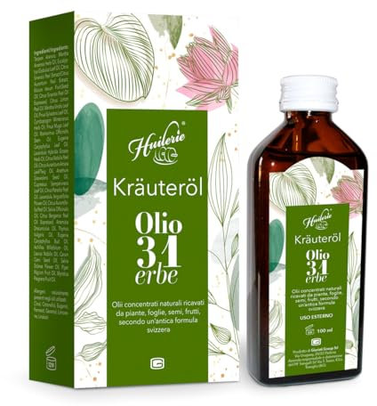 Huilerie Kräuteröl Olio 31 erbe, 100 ml. Olio concentrato con estratti naturali da 31 erbe. Formula svizzera. Ideale per massaggi corpo e piedi. Nutre la cute, deforforante per capelli e dopo barba