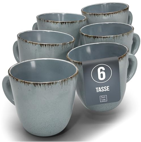 Juego de 6 Tazas de Café Estilo Rústico - Vajilla Completa de Steingut Premium, Apta para Lavavajillas - Set Moderno de Tazas para Té y Café - Pure Living en Color azul humo