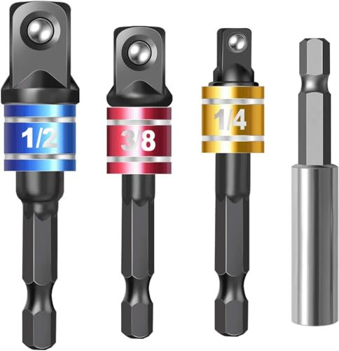 TA-VIGOR 4Pcs Impact Driver Socket Adapter Set, 1/4 3/8 1/2 Inch Drive Adapter with Magnetic Extension Bit Holder for Hex Shank to Square Socket Turn Power Drill Into Nut Driver