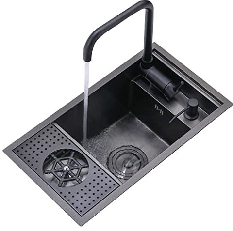 LAMEDOAT Einzelbecken-Spülbecken der Spitzenklasse für Wohnungen und Villen, integrierte Küchenspüle auf der Arbeitsplatte, unsichtbares kleines Spülbecken mit Zubehör, Siphon (Farbe: Schwarz, Größe: