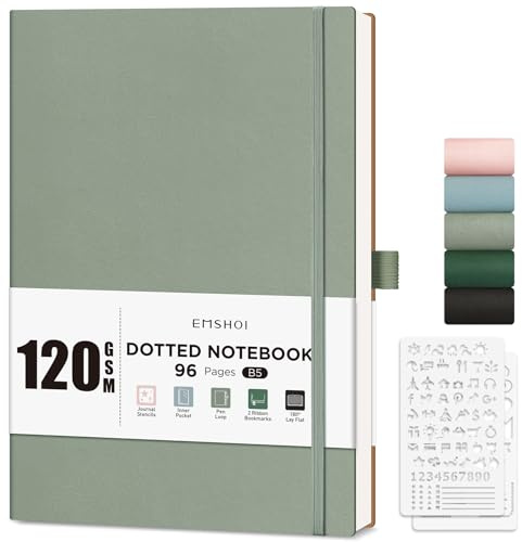 EMSHOI B5 Notizbuch Gepunktetes Journal - 120 g/m² dickes Papier, 19,5 x 25,5 cm großes Punktraster-Notizbuch für Bullet Journaling mit 96 Seiten, Journal-Schablonen, Softcover-Leder, Innentasche