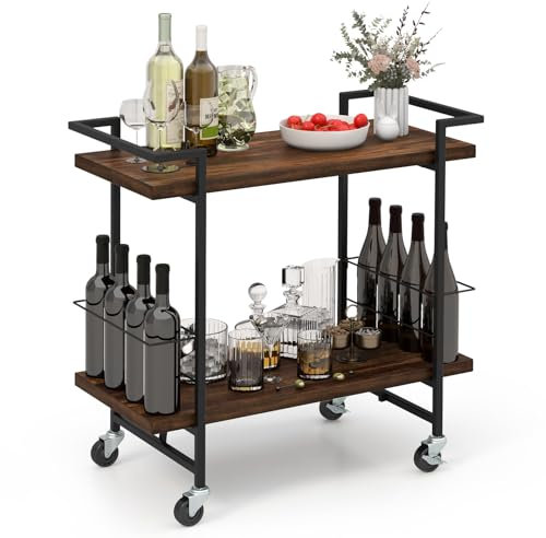 COSTWAY Servierwagen mit Rollen, Küchenwagen Industrie-Design, seitlicher Schutz für Weinflaschen, 2 Ebenen Barwagen Holz mit Metallrahmen, Rollwagen für Küche, Esszimmer & Wohnzimmer