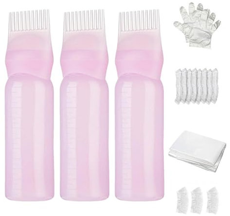 galeyyu Hair Oil Applicator Bottle Root Comb Applicator Bottle, 6 OZ Pink Hair Dye Brush Bottle Hair Colour Brush Hair Oil Bottle Dyeing Shampoo Bottle Oil Comb Hairs Tools Set, Pink