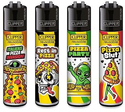 Clipper Feuerzeuge, Set mit 4 Stück, außergewöhnliche Motive (Pizza)