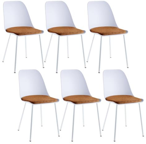 JYMTOM 6er-Set Esszimmerstuhl aus Kunststoff, Skandinavische Garten Stühle mit oranger Samt-Polsterung und weißen Metallbeine für Garten, Esszimmer Küche und Restaurant, 82 * 54 * 43 cm (6, Orange)