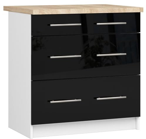 AKORD | Küchenschrank mit Arbeitsplatte - Oliwia S80 | Küchenunterschrank mit 3 Schubladen | Unterschrank Küche 80 cm Breit | ABS-Kante 18 mm | 46 x 80 x 85 cm | Weiß & Schwarz Glanz