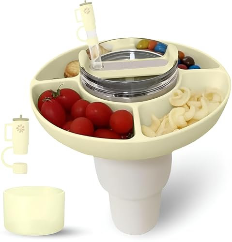Stanley Snack Tray for Stanley Cup 40oz | 4 Silicon Compartments Tray with Stanley Accessories kit Bottom Boot & Straw Cover Caps, Fits 40 oz Quencher H2.0 Cup - Stanley Accessories (Cream)