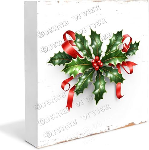 Bedrucktes Holz-Schild mit Stechpalme für Erwachsene und Kinder, lustiges Holzkisten-Block-Schild für Zuhause, Büro für Urlaub, Dekoration, Tischplatte, Weihnachten, Stechpalme, Geschenk, 12,7 x 12,7