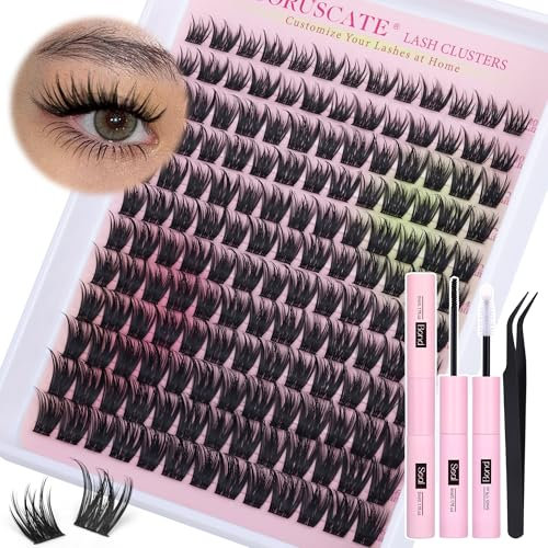 CORUSCATE Cluster Lashes Kit Wispy Eyelashes Individual Kit DIY Lash Extension Kit Natural Tatti Lashes Individual Cluster Eyelashes 10-16mm D Curl Lash with Bond and Seal Lash Glue