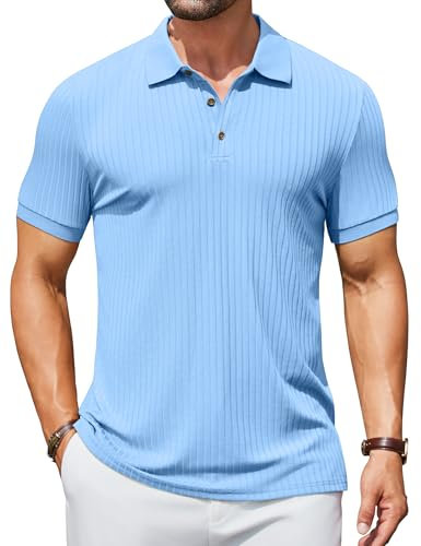 COOFANDY Men's Short Sleeve Polo Shirts Knitted Polo Summer T-Shirt Polo Shirt Golf Shirts Ribbed Shirt Casual Light Blue XL