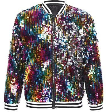 Miutii Kinder Jungen Mädchen Pailletten Jacke Glitzer Baseball Jacke Mantel Glänzende Bomberjacke Blazer Hip Hop Disco Jazz Tanzkostüm Bunt 110-116