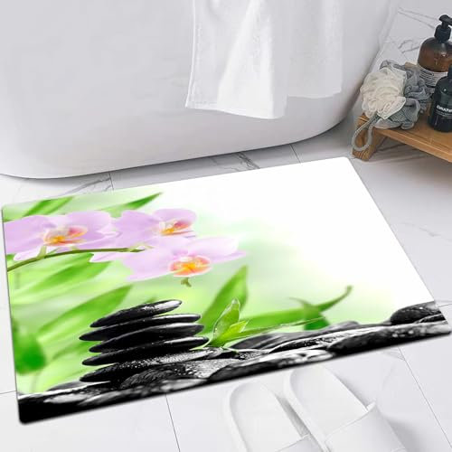 FSDGY Badvorleger Fußmatte Flauschig Teppich Badezimmerteppich Duschmatte für Bade & Wohnzimmer Schlafzimmer,Spa, Zen-Basaltsteine und Orchideen mit Tautropfen Friedliche Naturtherapie-Mass,60x90 cm