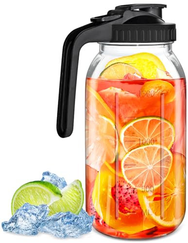 Hioph 64oz Glass Mason Jar Pitcher with Lid, 2 Quart Wide Mouth Water Jug for Fridge, Leak Proof Glass Pitcher for Cold Brew Coffee, Iced Tea, Sun Tea, Juice, Milk and Lemonade(1800ml) - Black