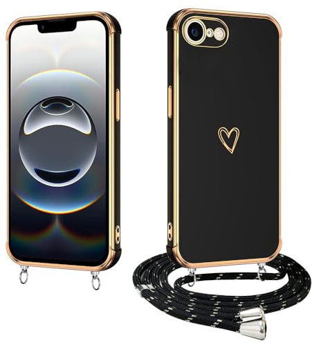 E-Lush Handyhülle für iPhone 16e Hülle mit Band, Herz Love Galvanik Silikon Handy Hülle für iPhone 16e 6.3 Schutzhülle mit Kordel zum Umhängen Kameraschutz Stoßfeste Case, Schwarz