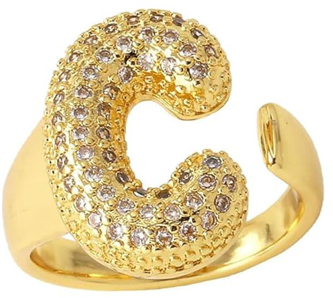 LNBLAKBXBD Buchstabenringe für Damen, Damenring mit goldenen Buchstaben von A bis Z, verstellbarer Buchstabenring, Buchstabenring mit A-Z-Blase, offener Buchstabenring mit Zirkonia (C)