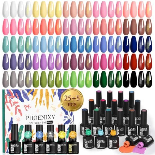 PHOENIXY Gel Nail Polish, 25+5 PCS Gel Nail Polish Set with Base Top Coat Pink Blue Green Soak-Off Gel Polish Set Gifts for Women