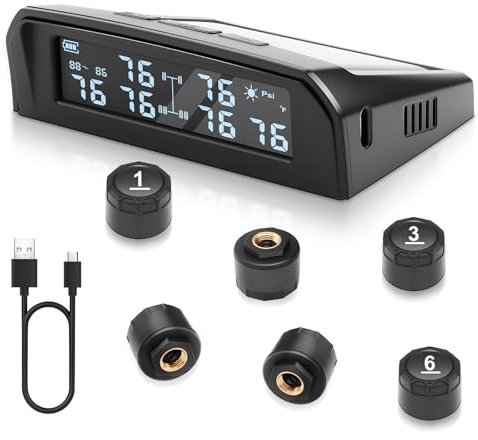 KAOLALI TPMS Système de Contrôle de La Pression Des Pneus avec 6 Capteurs, Haute Précision de 0,01 Bar, Charge Solaire et Charge USB, 9,9 bar/144 PSI Max, 6 Modes D'alarme, Pour Camping-cars et Camion