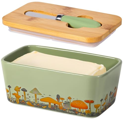 Mushroom Butter Dish with Lid,Large Butter Crock Keeper Saver,Ceramic Butter Container for Countertop with Highly Sealed Silicone Thick Wooden Lid for Kitchen Farmhouse Decor (Mint Green, Mushroom)